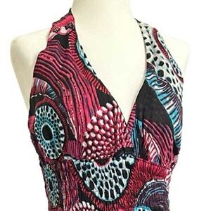 Smocked waist Resort fairycore fuchsia teal stretchy Backless Halter Dress midi